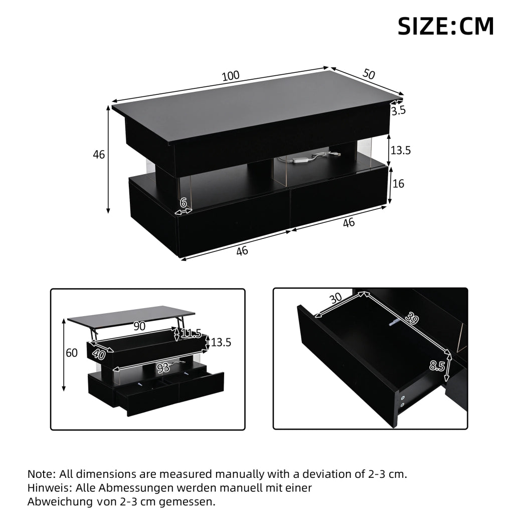 Tavolino da caffè sollevabile 100x50x46 cm con LED, 2 cassetti e vano contenitore