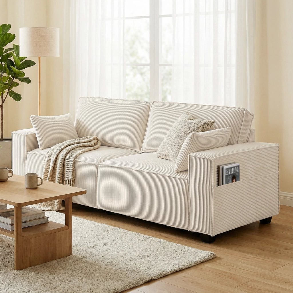Divano 3 Posti in Velluto ¨C Zephmum ¨C 218x98x90 cm, Beige, Cuscini a Molle