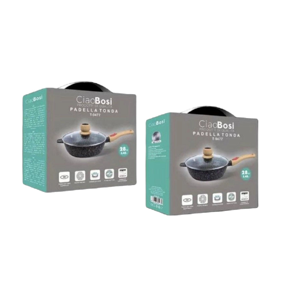 Trade Shop - Padella Tonda Con Manico In Legno Coperchio In Vetro 28cm 3,45lt Cucina T-9477 -