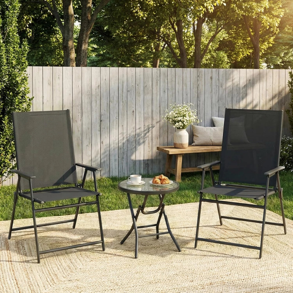 Set di 2 Sedie da Giardino Pieghevoli, Sedie da Campeggio con Schienale e Braccioli, Struttura in Metallo, Portata 120kg, Sedia Pieghevole Leggera per Balcone, Terrazza, Nero