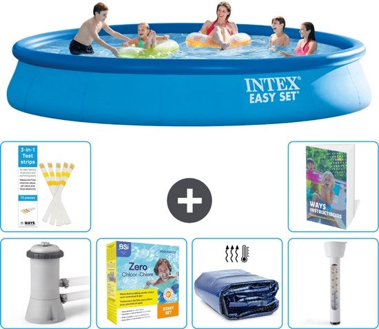 Piscina Rond Opblaasbar Easy Set - 457 x 84 cm - Blu - Inclusa Pompa Kit Manutenzione - Velatura Solare - Termometro - 7 pezzi