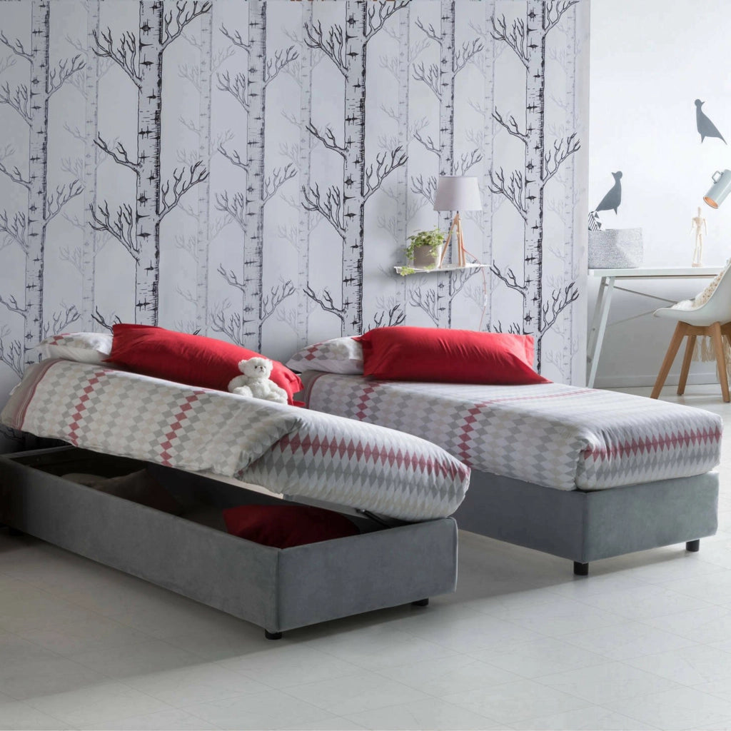 Letto singolo Abbi, Letto contenitore con rivestimento in tessuto, Made in Italy, Apertura laterale, con materasso cm 80x190 incluso, Grigio