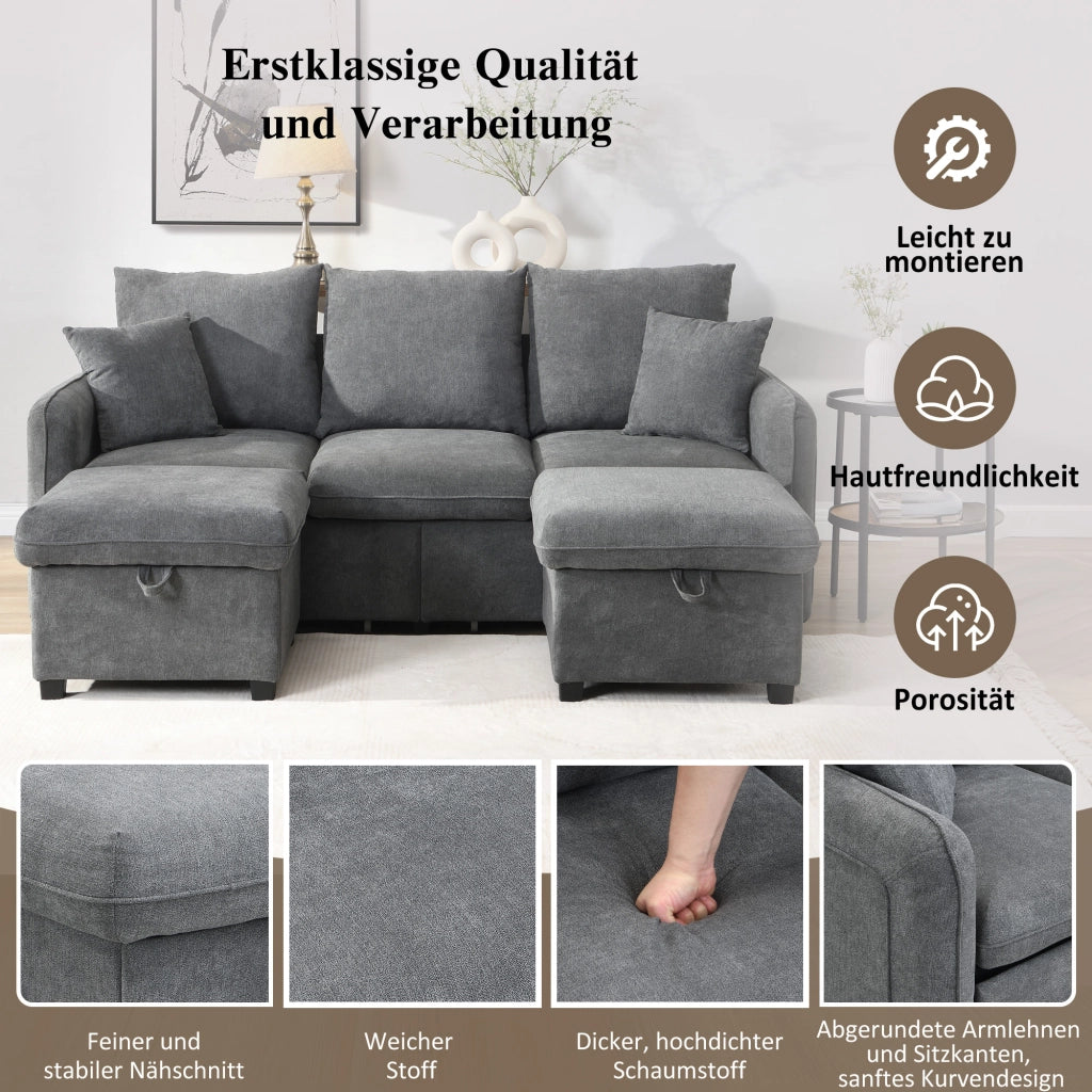 DIVANO ANGOLARE U-Forma 188x186x86 cm Grigio Scuro Set con 2 pouf