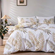 Set di coperte da letto, 200 x 200 cm, bianco, foglie dorate, disegno, coperta da letto, 3 pezzi, microfibra, foglie di palma botaniche, set di coperte da letto, chiusura a cerniera e 2 cuscini di copertura 80 x 80 cm.