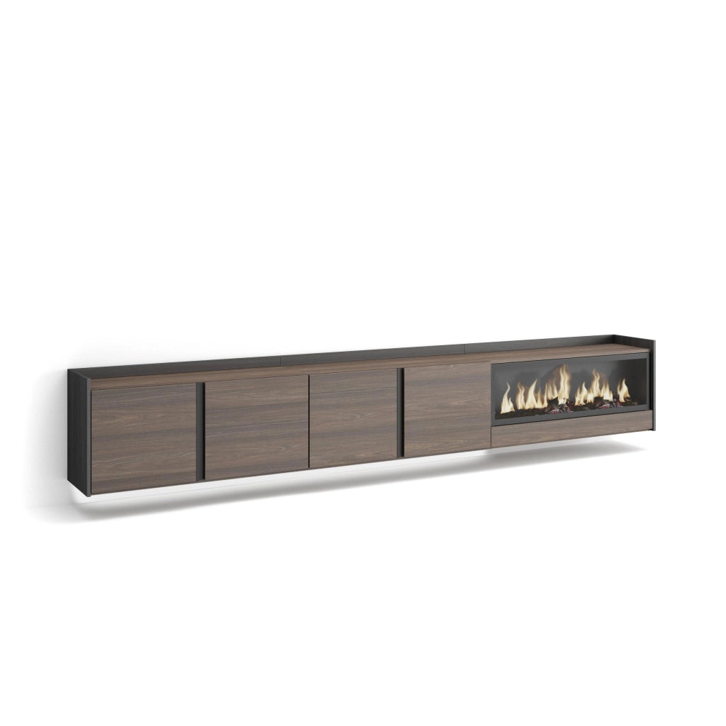 Mobile TV Soggiorno, 315x50x35 cm, Per TV fino a 80", Camino elettrico XXL, Sospeso, da appendere, LED, Rovere scuro e Nero