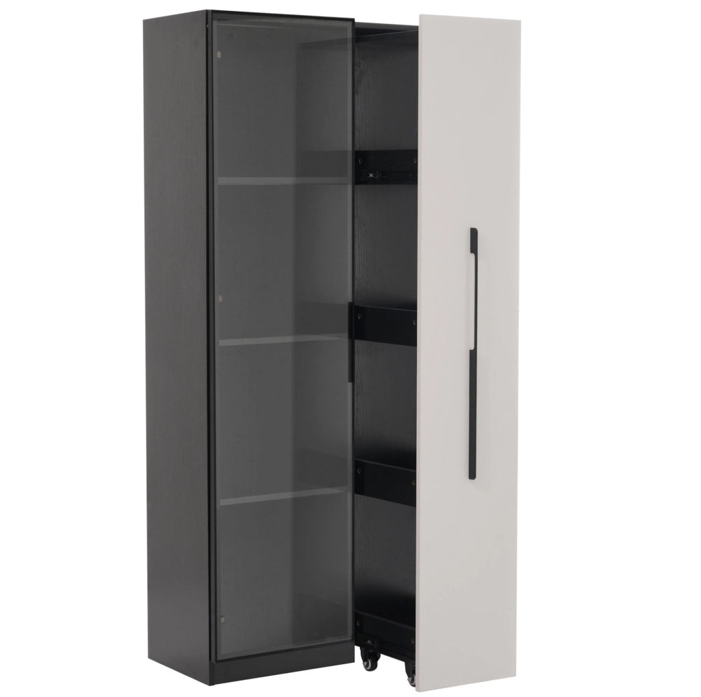 Vetrina multifunzione 70x40x160 cm in MDF nero e bianco， LED e ruote
