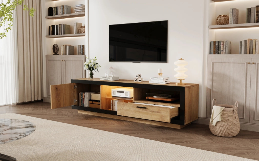 Mobile TV 160 cm nero e rovere con LED, vano portaoggetti, 2 colli