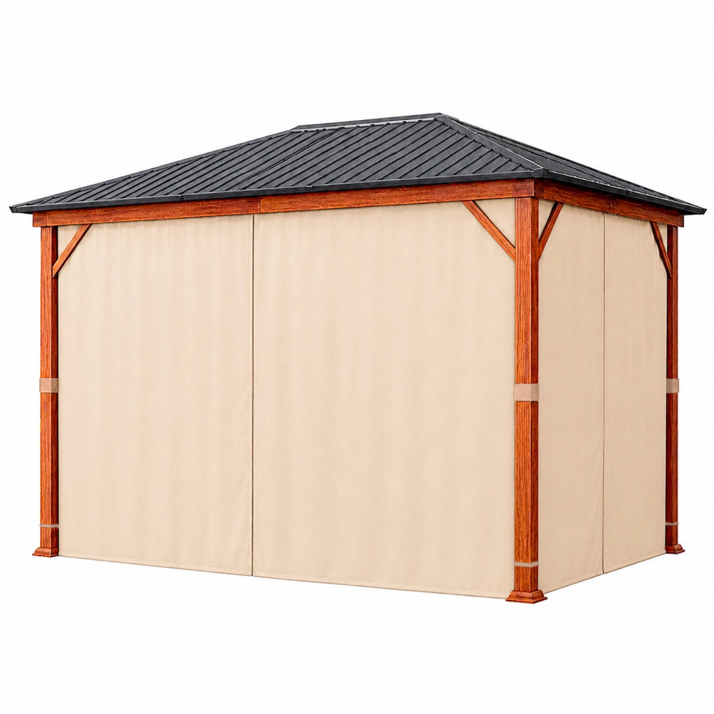Gazebo 3X4 Metri Per Giardino Con Tetto In Acciaio Zincato Struttura Effetto Legno Tende Laterali Impermeabile Per Outdoor Patio Terrazza 300 X 400 X 295 Cm Effetto Legno E Beige