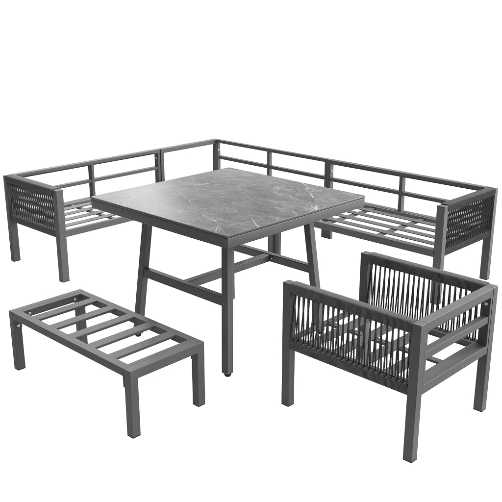 Divano da Giardino ad L per 8 Posti con Tavolo e 2 Poltrone ¨C MINIMAL ¨C Polyrattan, Cuscini Grigi