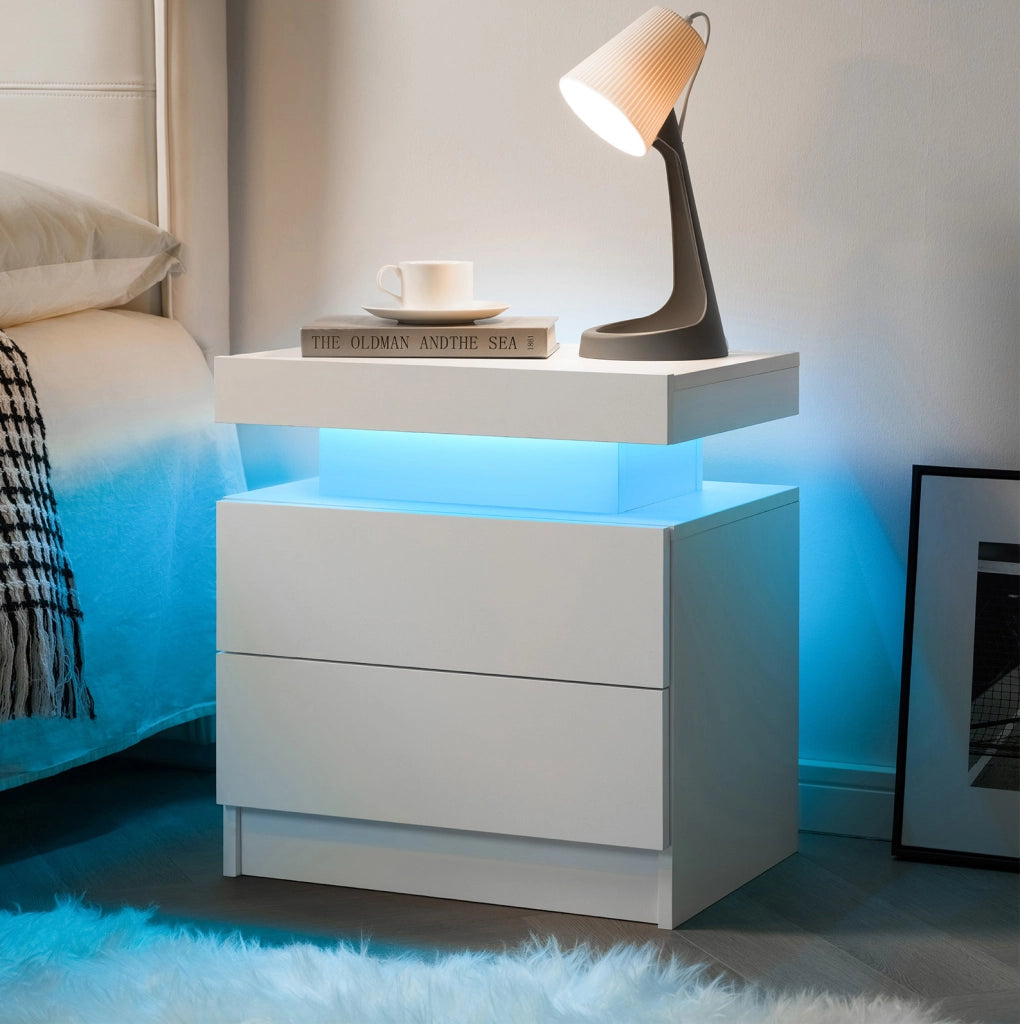 Comodino Moderno Bianco con Luci LED Regolabili e 2 Cassetti per Camera da Letto