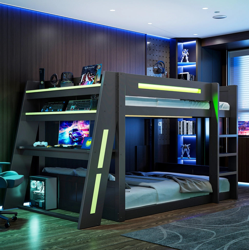 Letto a castello gaming 140x200 cm con scrivania; LED e USB in legno MDF e pino; nero