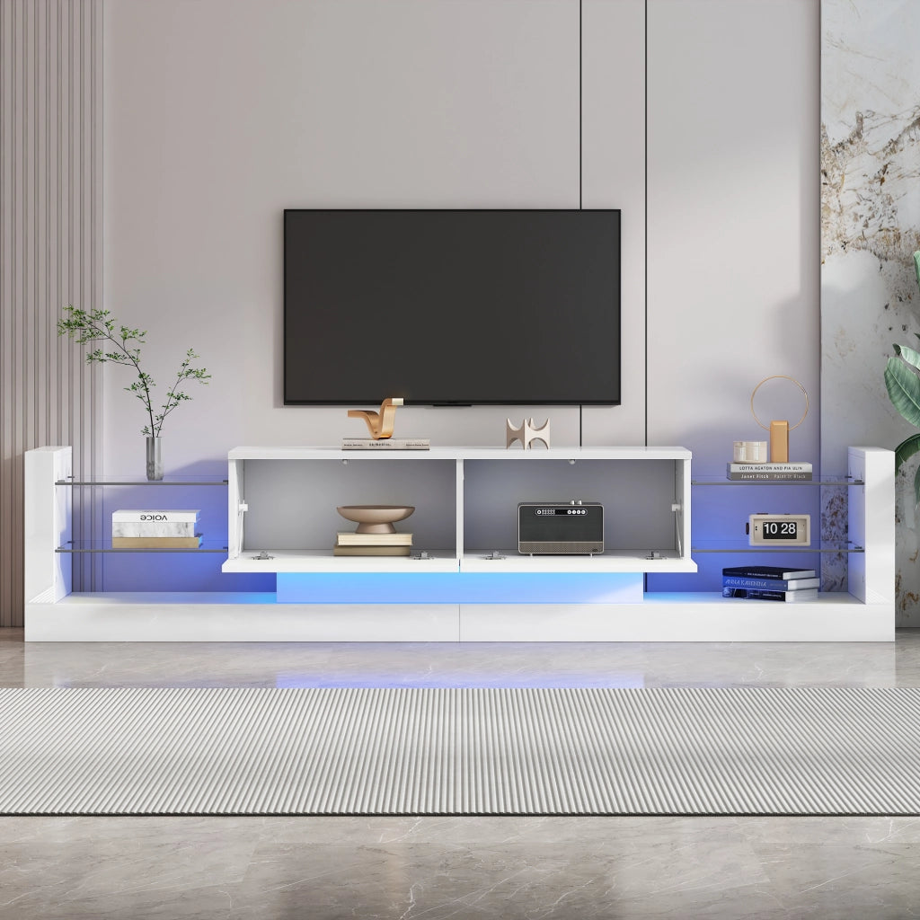 OKWISH Mobile TV con 2 Cassetti a Ribalta e LED, Frontale in Vetro Finitura Lucida, per Soggiorno, 181 × 38 × 38 cm