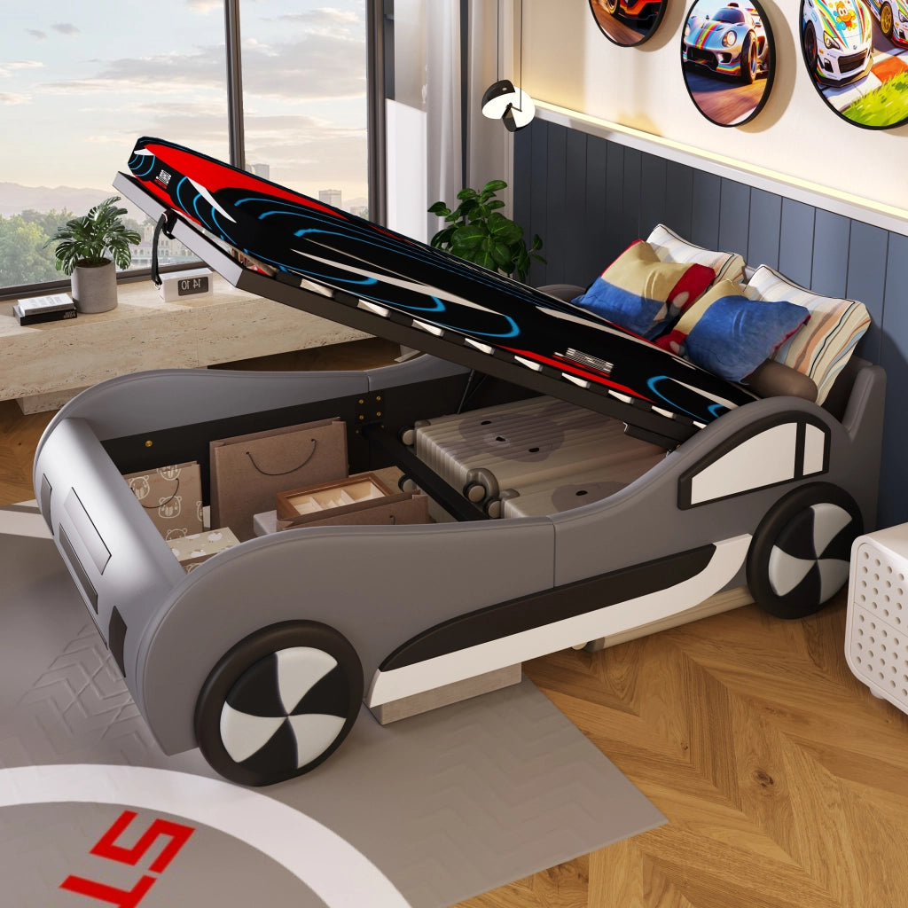LETTO AUTO PER BAMBINI 90x200 cm Grigio con contenitore idraulico