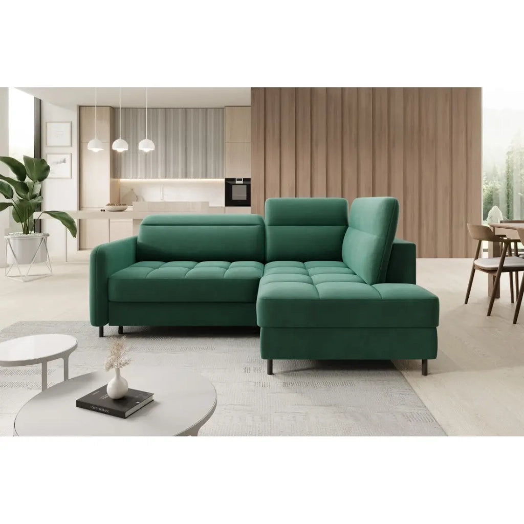 Divano angolare destro convertibile BARNEA 208 cm verde scuro con contenitore