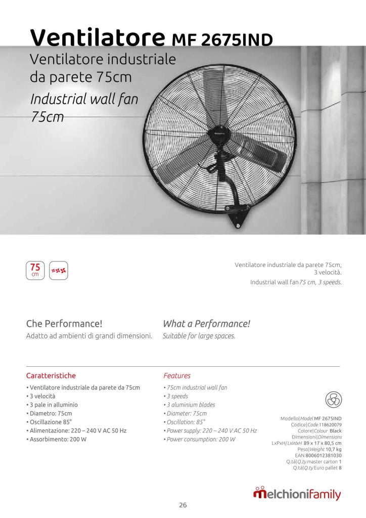 Melchioni Family MF 2675IND – Ventilatore Industriale da Parete 75 cm, 200W, 3 Velocità, Oscillazione 85°