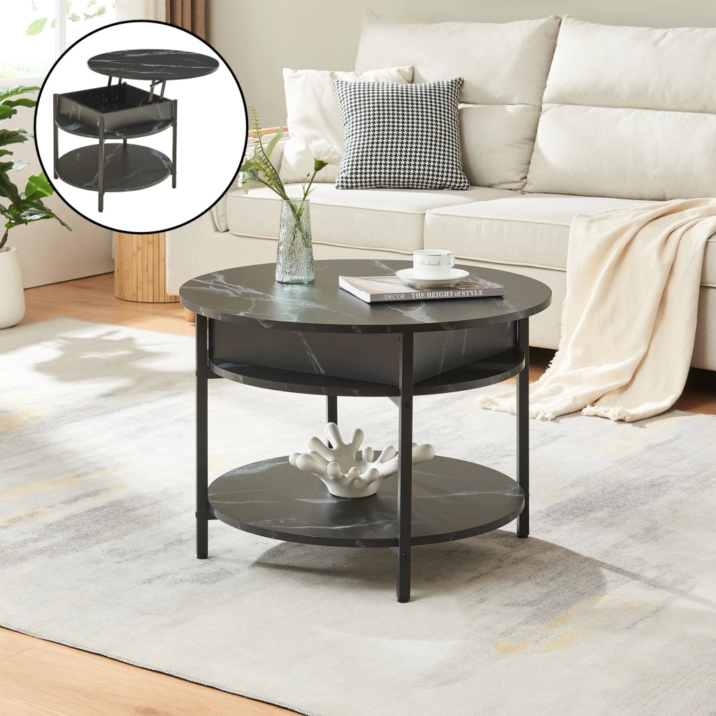 Tavolino da Caffè Kandas con Piano Rotondo Sollevabile (ØxA): 70x49 cm - Effetto Marmo Nero [en.casa]