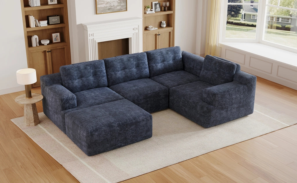 Divano modulare a U senza montaggio con schienale alto e cuscino, in ciniglia blu, 252 × 180 × 82 cm