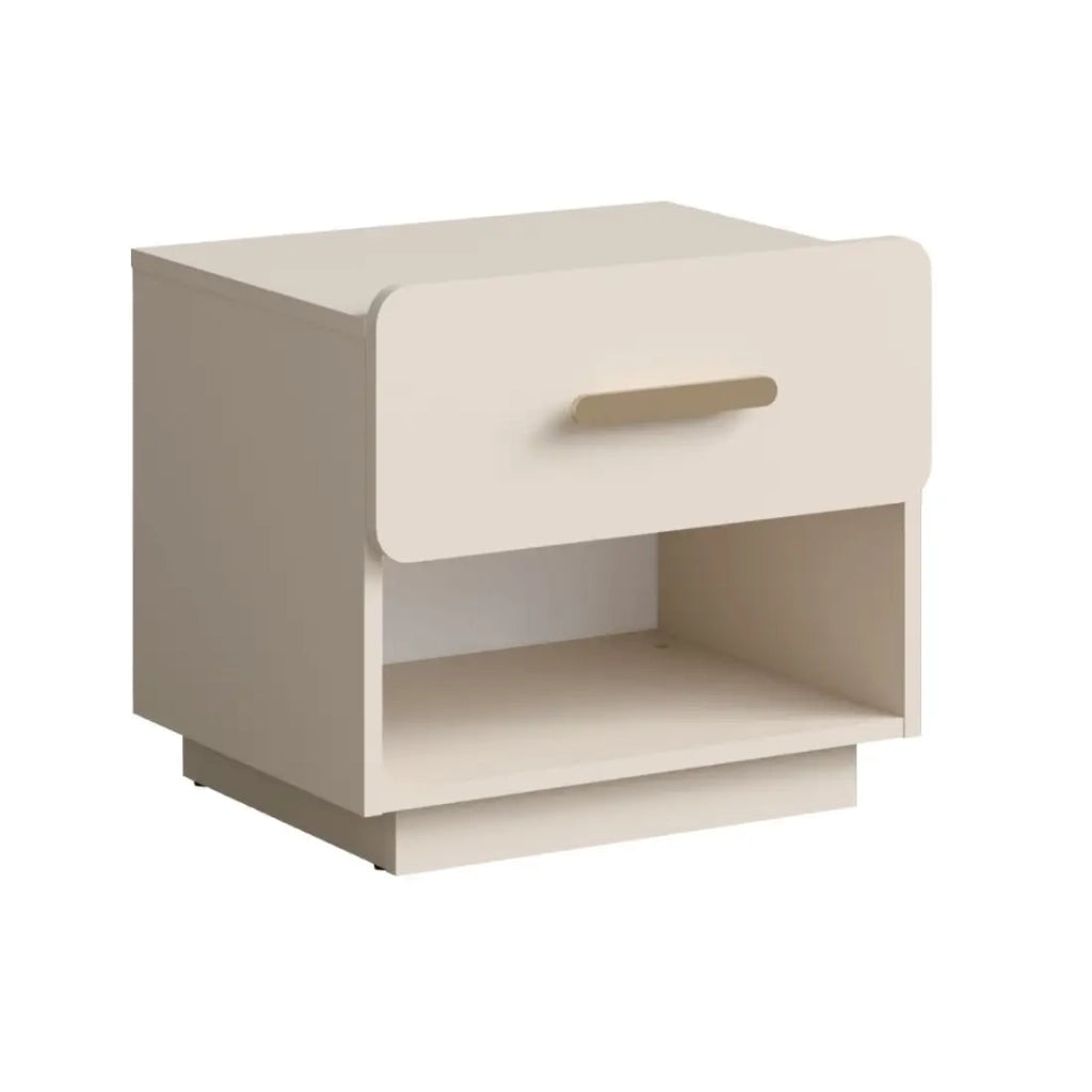 Set di 2 comodini AMALIE – 2 cassetti – Colore beige – Maniglie dorate – Design arrotondato