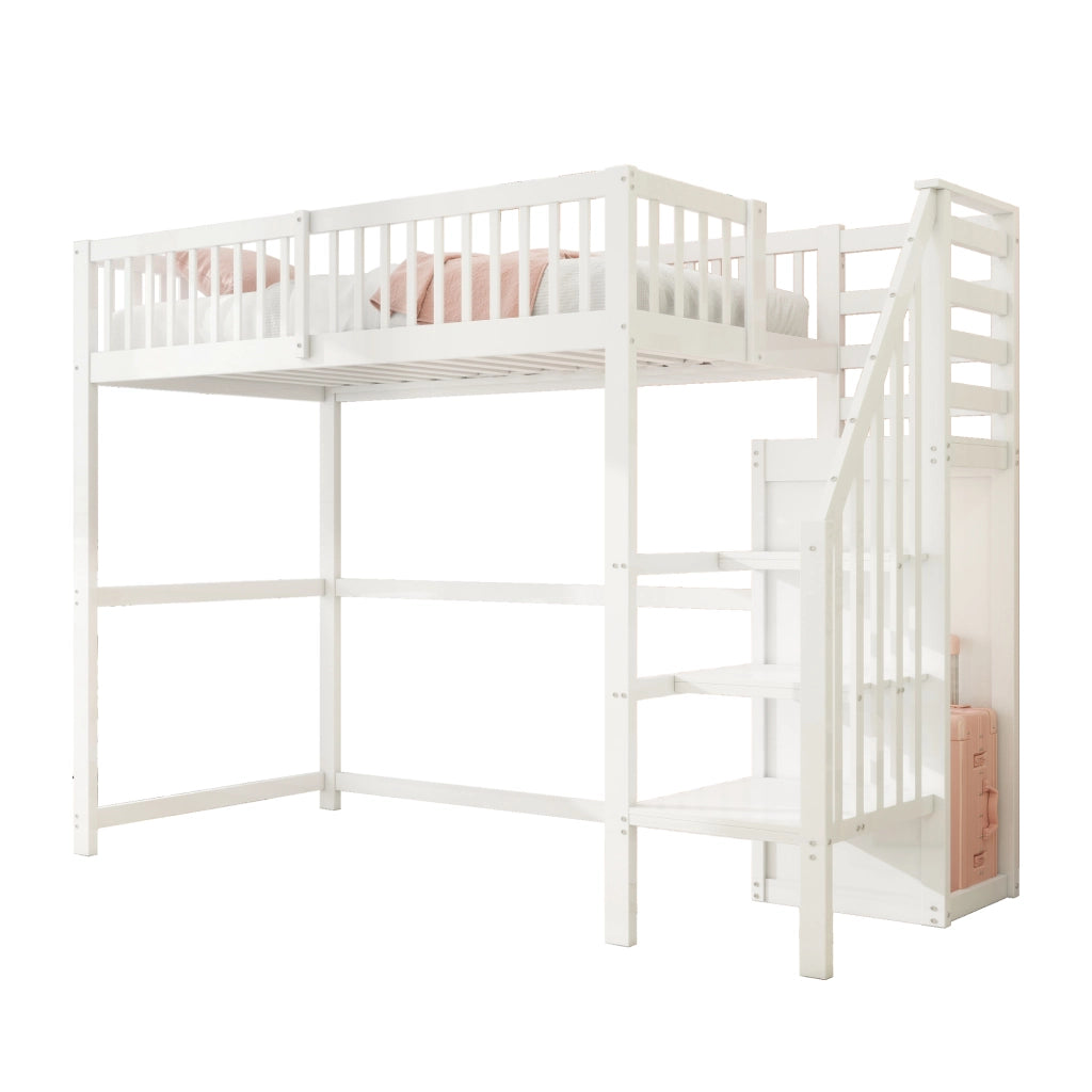Letto a castello bianco in legno con scala e ripiano portaoggetti 90x200 cm