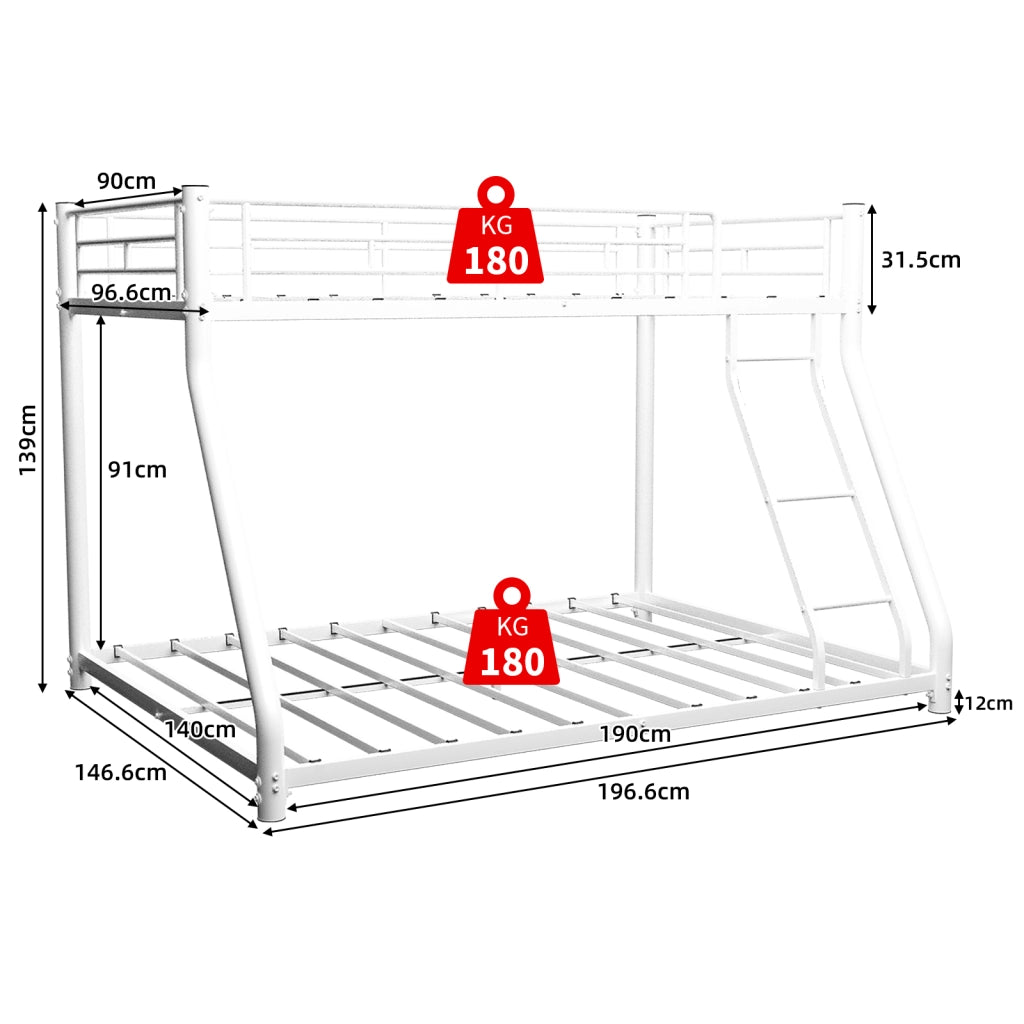 Letto a castello 90 × 190 cm e 140 × 190 cm con scaletta et barriere di sicurezza, senza materasso, in ferro, bianco