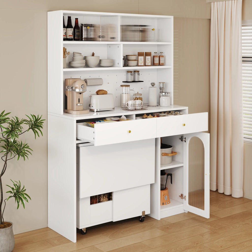 Credenza cucina multifunzionale con piano di lavoro, ante in vetro, cassetti e ganci, bianco