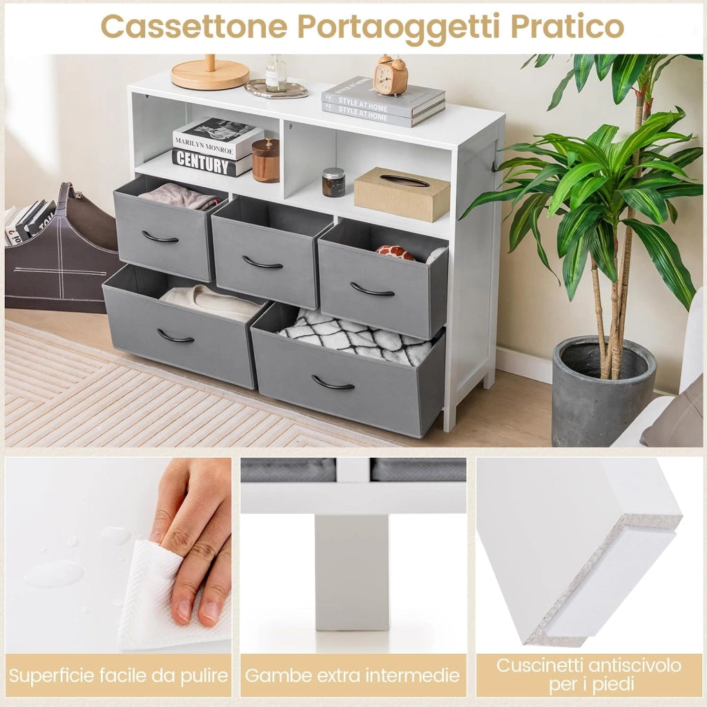 Cassettiera in Tessuto, Cassettiera con 5 Cassetti e 2 Ripiani Aperti, con Contenitori in Tessuto e Ampio Piano, per Camere da letto, Soggiorno e Ingresso, 100 x 30 x 78 cm