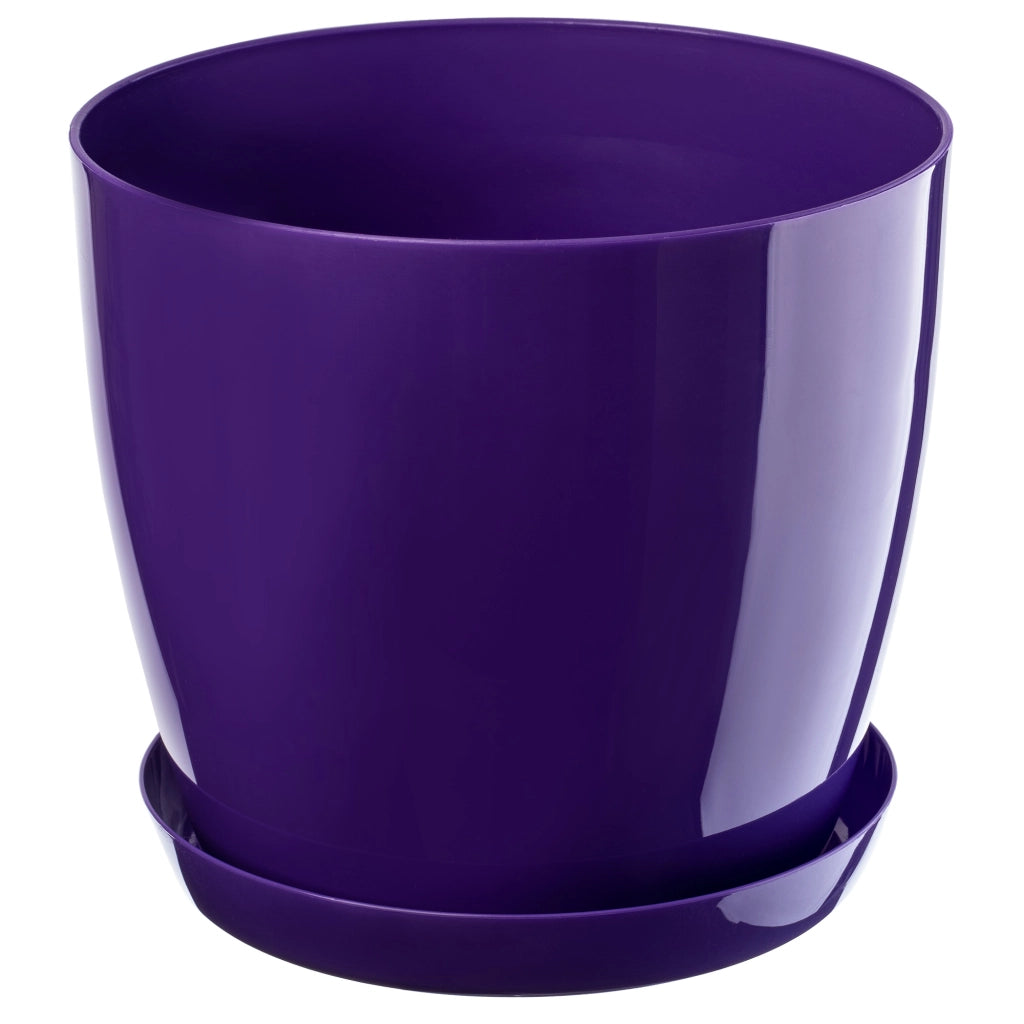 Vaso da fiori KADAX con sottovaso e coperchio in plastica, 23 cm, fiori viola. Kadax