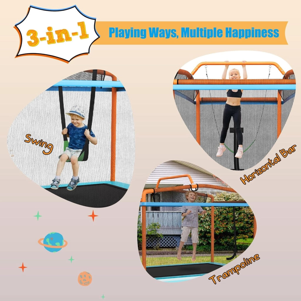 Trampolino per Bambini 3-8 Anni, Tappeto Elastico Bambini 3 in 1 con Altalena Rimovibile e Barra Orizzontale, Saltarello da Esterno e Interno, Portato 110 kg, 190 x 124 x 172 cm