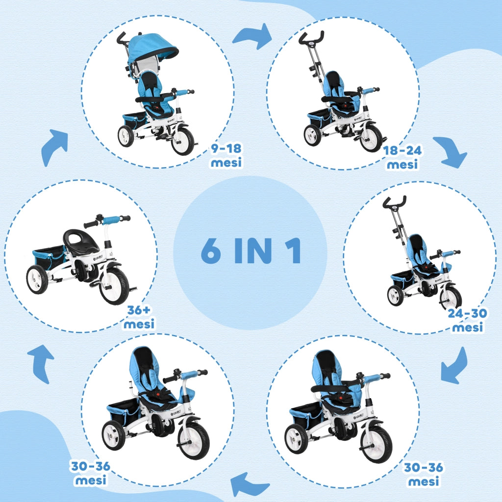 Triciclo Passeggino per Bambini con Maniglione 95x50x106 cm con Cintura di Sicurezza Blu