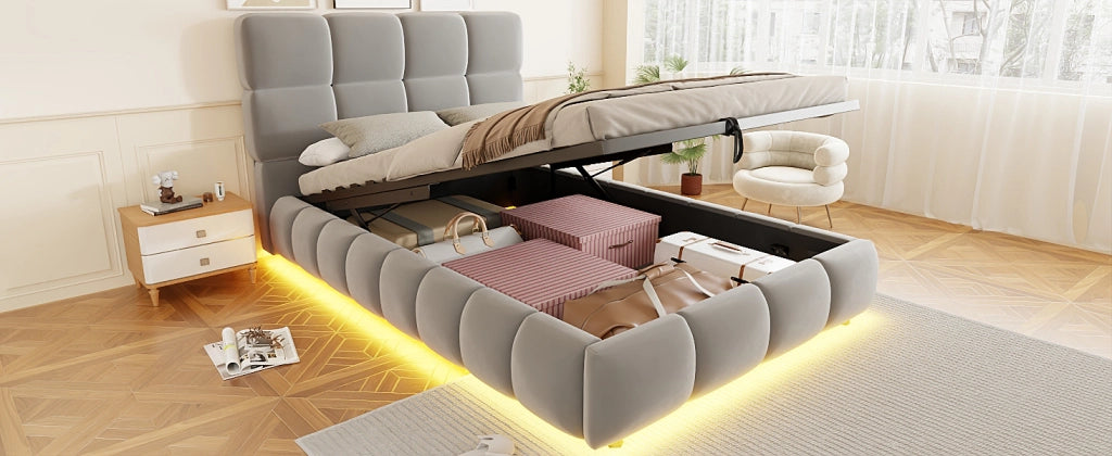 DESMIU Letto imbottito 90 × 200 cm 1 posto con contenitore idraulico e striscia LED regolabile, senza materasso, in velluto, grigio