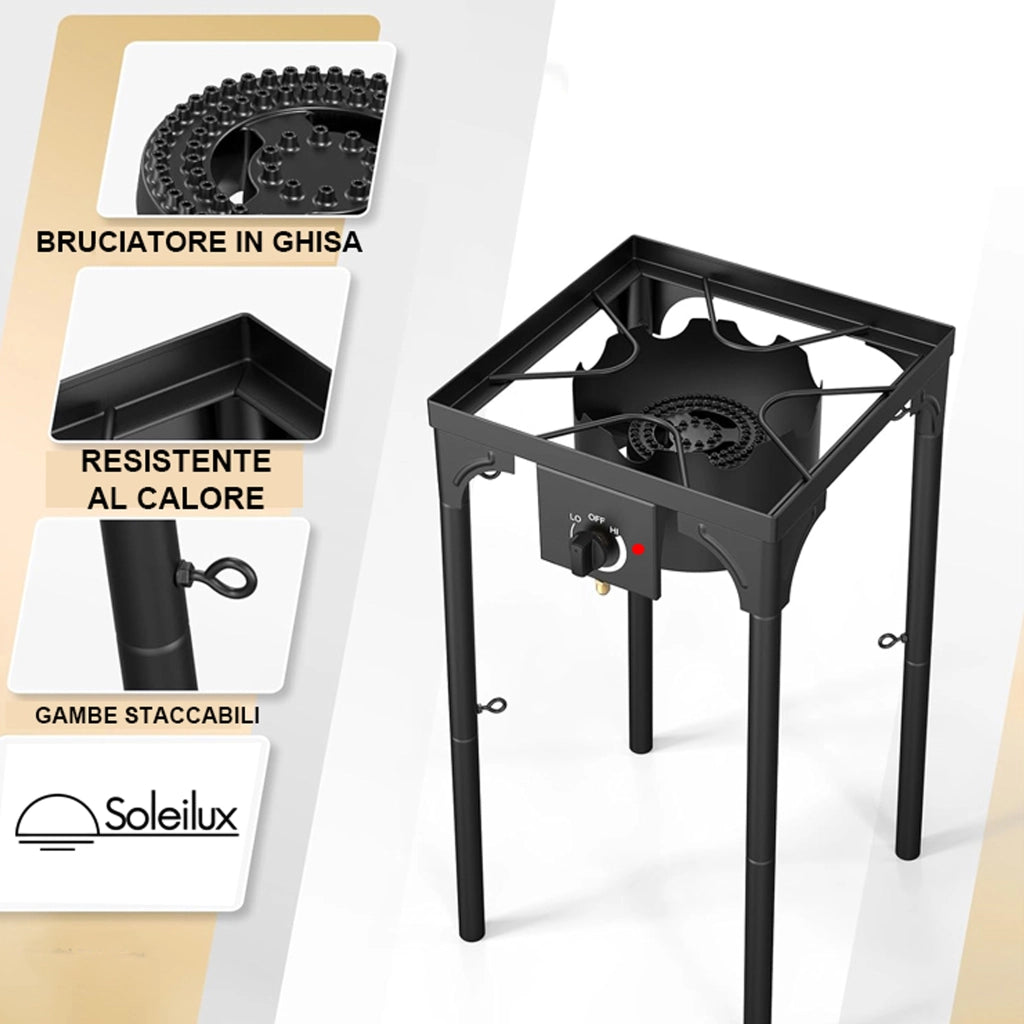 SOLEILUX Fornellone 3 IN 1 Rialzato Da Esterno Gpl Con Accensione Piezo 40x40cm H 81cm