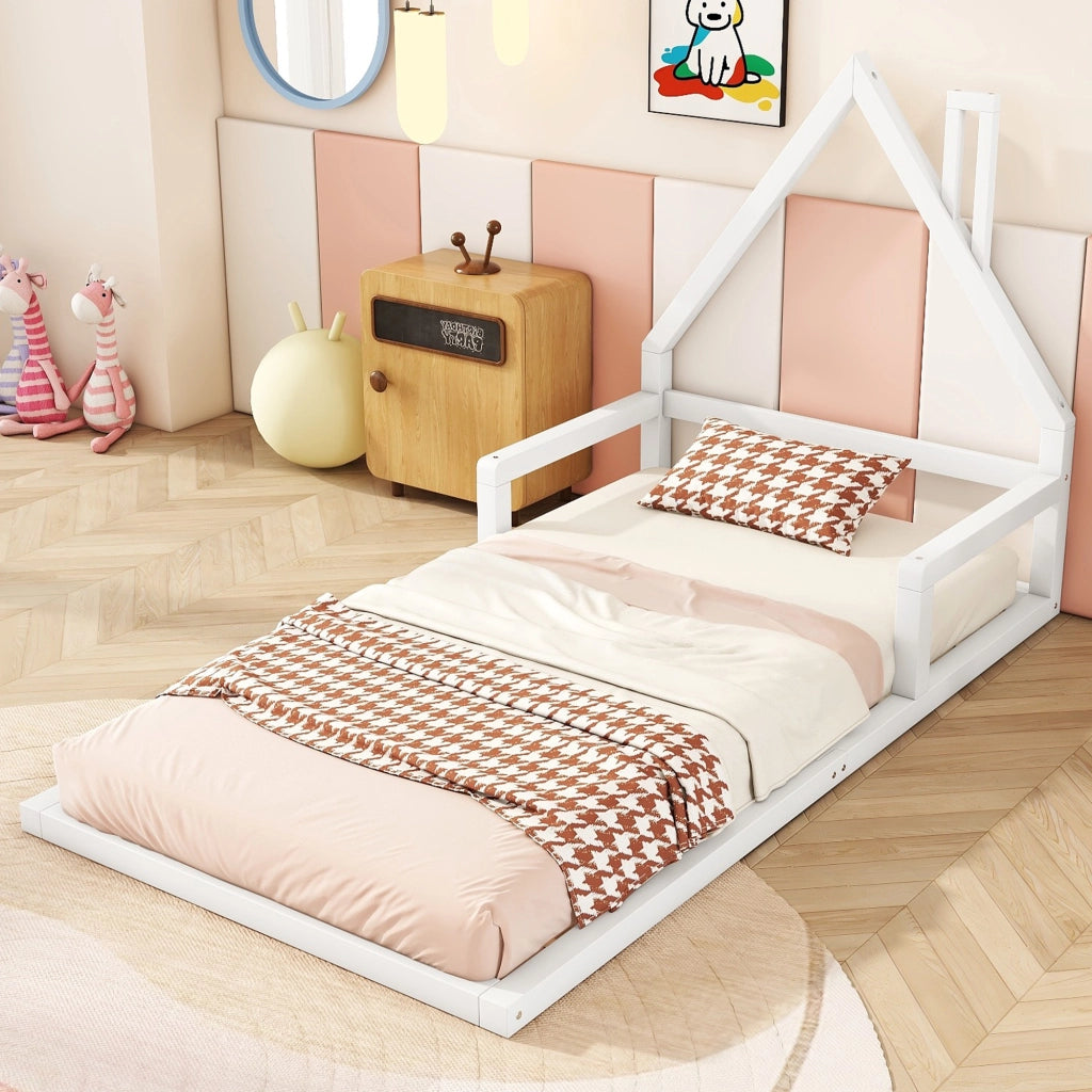 Letto per bambini bianco a forma di casa in legno di pino massello 90x200 cm