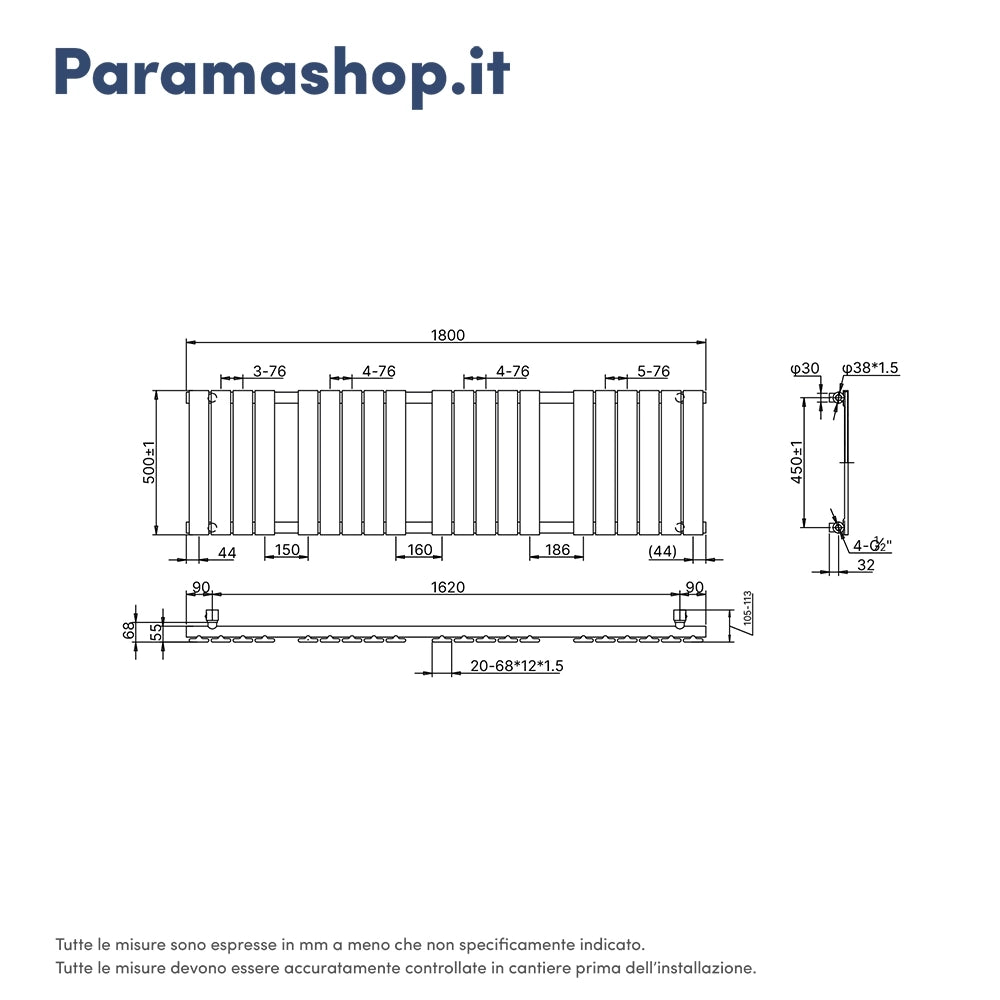 Termoarredo scaldasalviette 1800x500 bianco interasse 450 | Sirio
