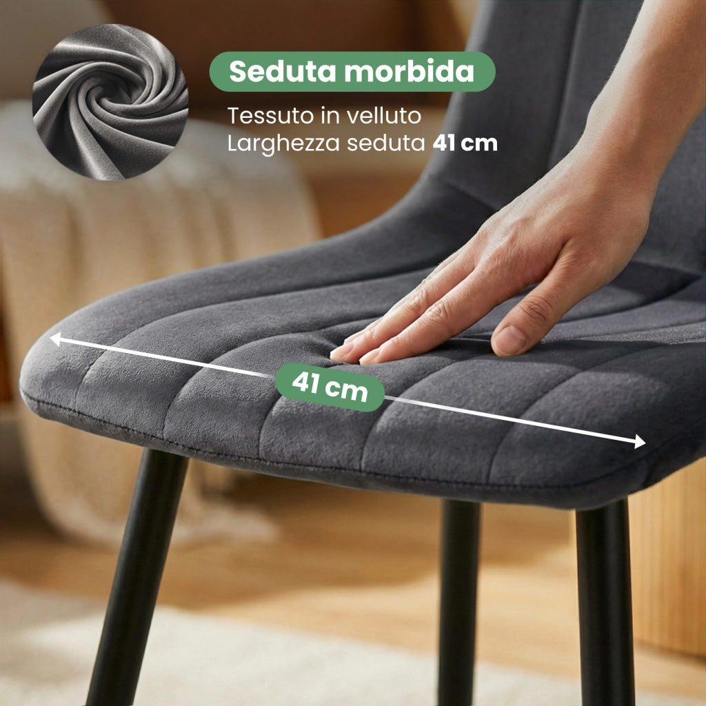 Set di 4 Sedie in velluto trapuntate LIVO Grafite Scuro gambe nere