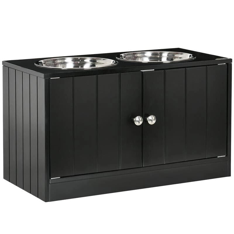 CIOTOLA PER CANI RIALZATA CON VANO CONTENITORE, 2 CIOTOLE IN ACCIAIO INOX RIMOVIBILI, 60X30X35.5CM, NERO