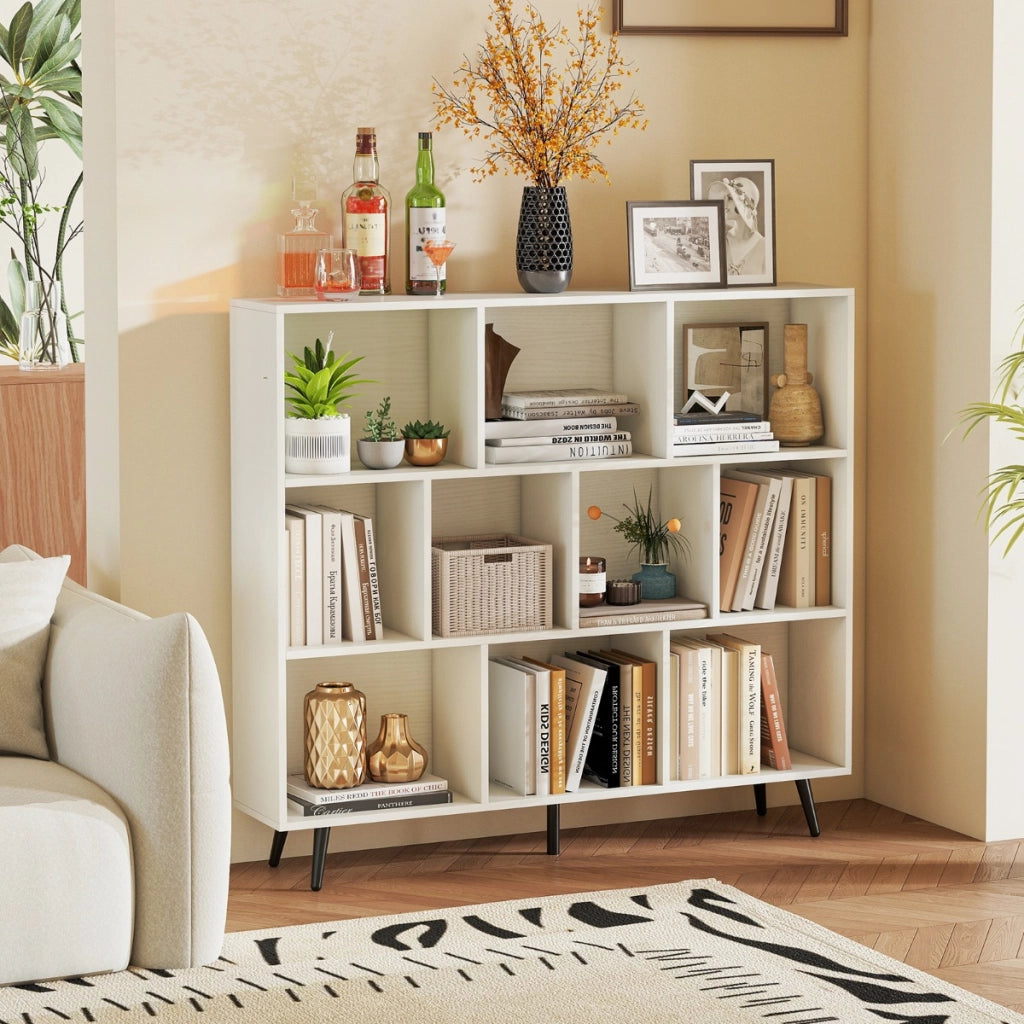 Organizzatore di stoccaggio moderno con 5 gambe di metallo affusolate, Libreria a 10 cubi camera da letto Bianco-Librerie