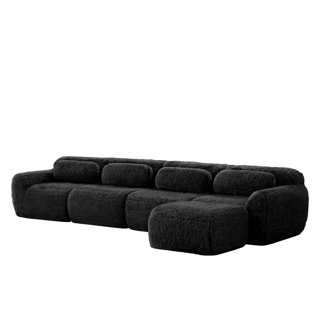 Divano angolare modulare 4 Posti con chaise longue, Design senza struttura, Cuscini, in Peluche Nero
