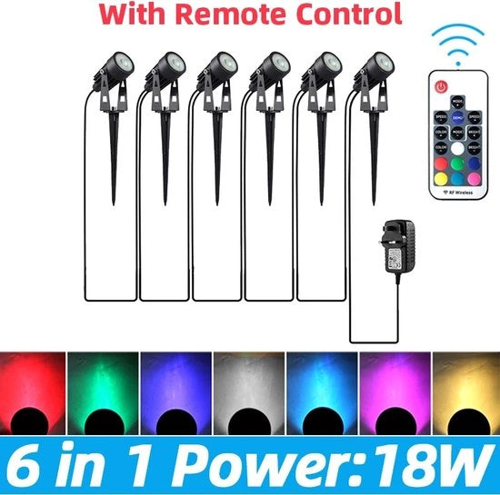 Set di 6 Punti di Illuminazione Outdoor con RGB e Luce Calda Bianca - IP65 - Illuminazione Esterna con Punti di Terra - Incluso Adattatore