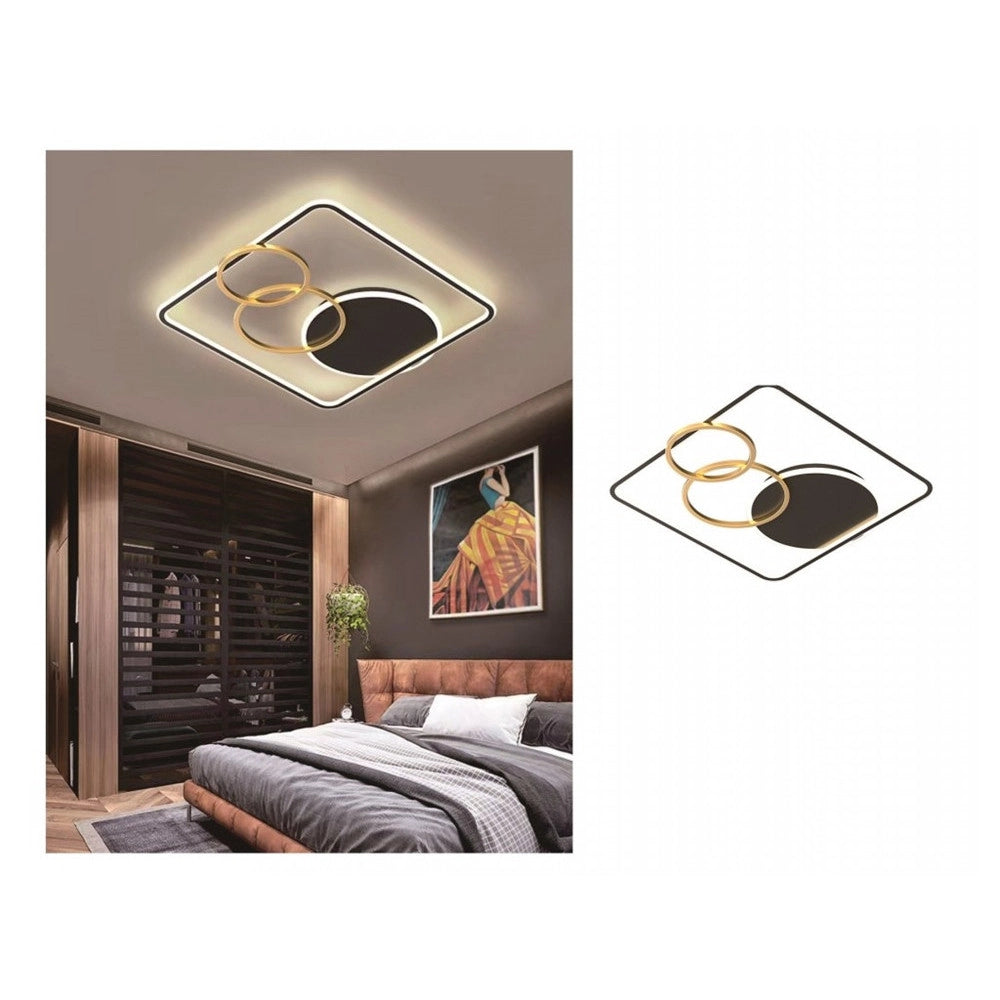 Trade Shop - Plafoniera Led 55w Quadrato Con Cerchi Nero Oro Lampada Soffitto Luce 4000k 70890 -
