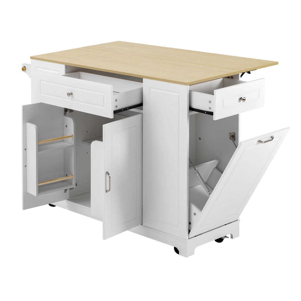Carrello da Cucina con Piano Ribaltabile; Prese e Vano per Rifiuti; in MDF; Bianco e Naturale; 131;8 x 40-70 x 93;3 cm