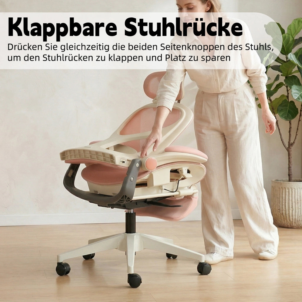 Sedia da ufficio pieghevole ergonomica in rete con poggiatesta 3D e supporto lombare regolabile rosa