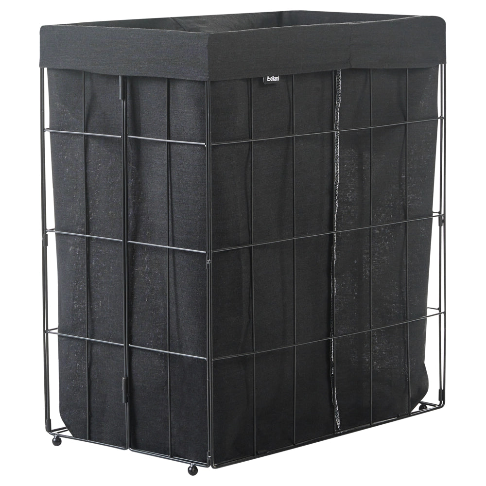 Cesto portabiancheria con struttura in metallo nero e rivestimento in tessuto pieghevole realizzato a mano per il bagno 100 l