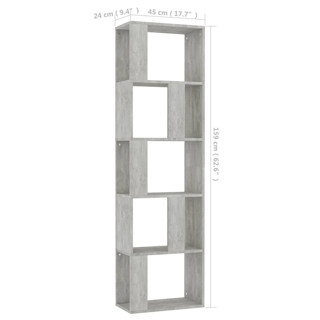 Libreria Divisorio-Scaffale per Libri-Mobile di Stoccaggio Grigio Cemento 45x24x159cm Legno Multistrato