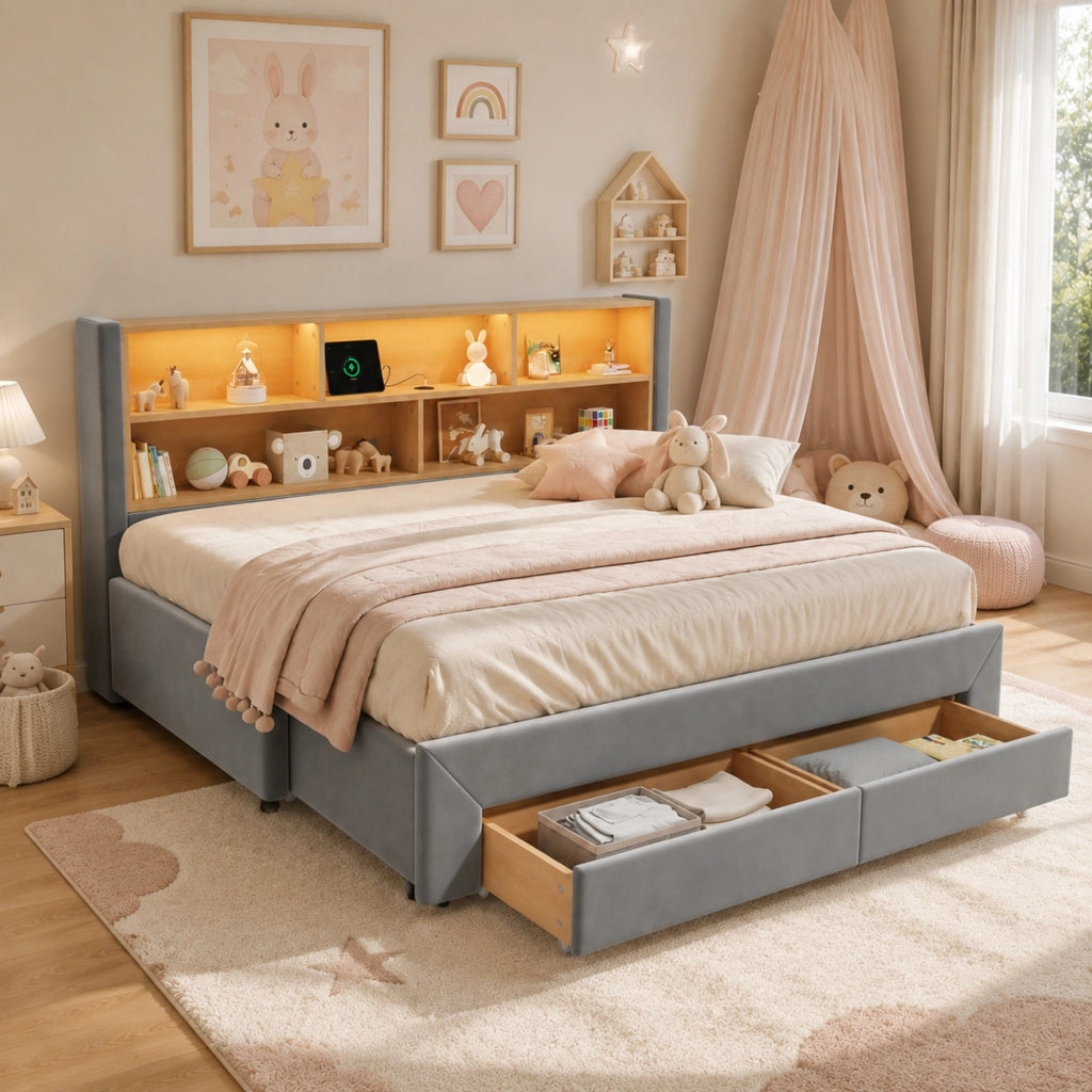 Letto daybed estraibile con cassetti, prese USB e Tipo-C, illuminazione LED, velluto grigio 90x200 cm