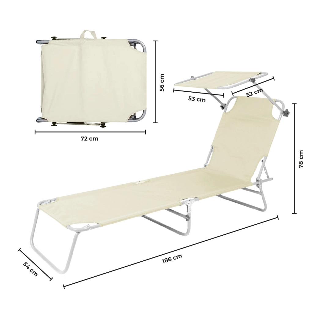 Coppia Lettini Prendisole Pieghevoli con Parasole Regolabile, Schienale Reclinabile in 4 Posizioni, Struttura in Acciaio Anti-Ruggine, Tessuto Impermeabile Anti-UV, Portata 110 kg Ecru