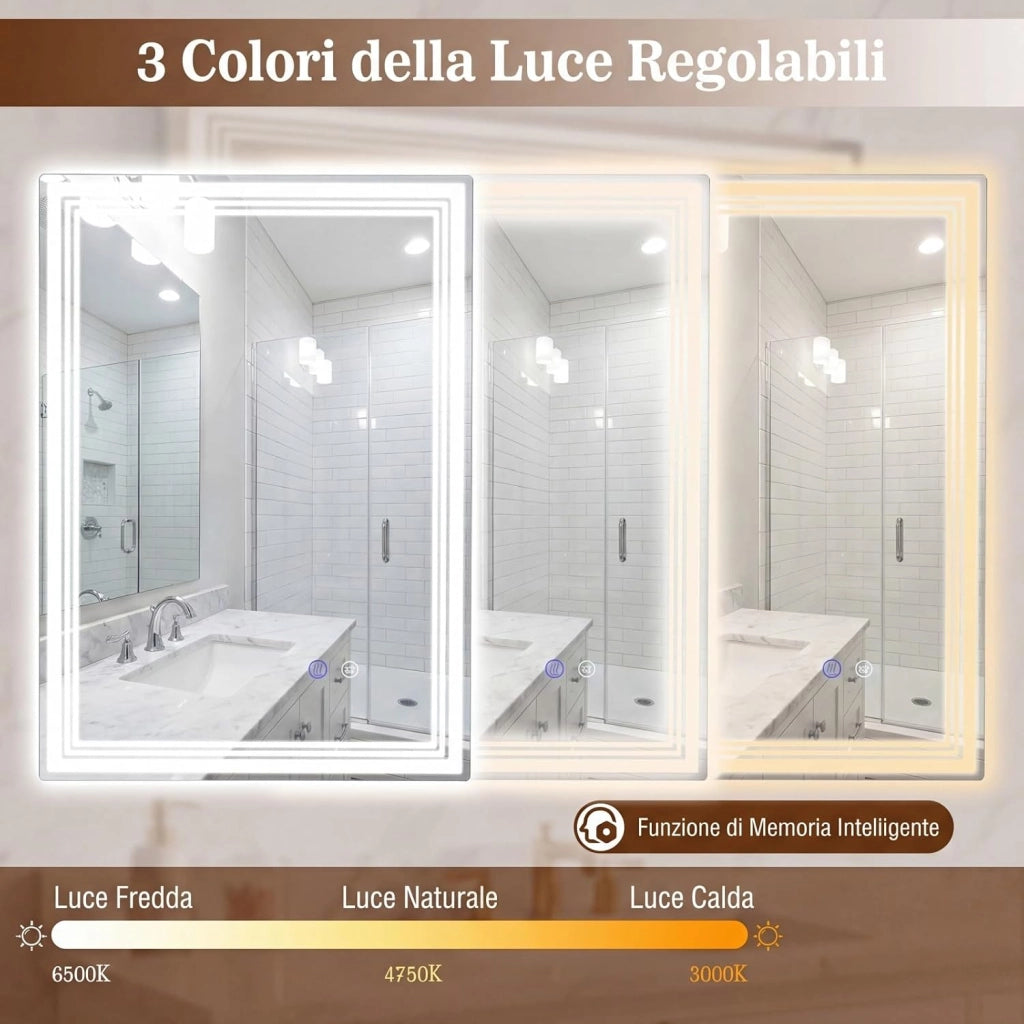 Specchio Bagno a LED Regolabile 70 x 50 cm, Specchio Rettangolare da Parete con Design Antiappannamento, Funzione Memoria, Controllo Touch, Vetro Temperato Infrangibile e Collegamento Fisso