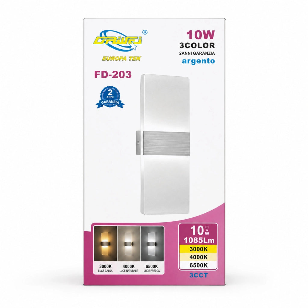 APPLIQUE LED 10W ESTERNO LAMPADA PARETE ARGENTO IP65 3000K 4000K 6000K ET-31701