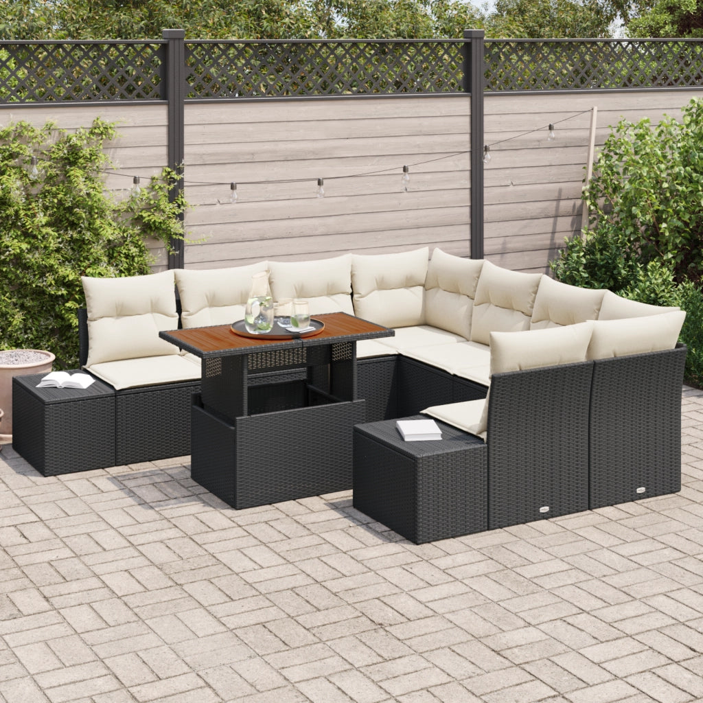 Set da pranzo da giardino in 9 pezzi con cuscini in polyrattan nero e acacia