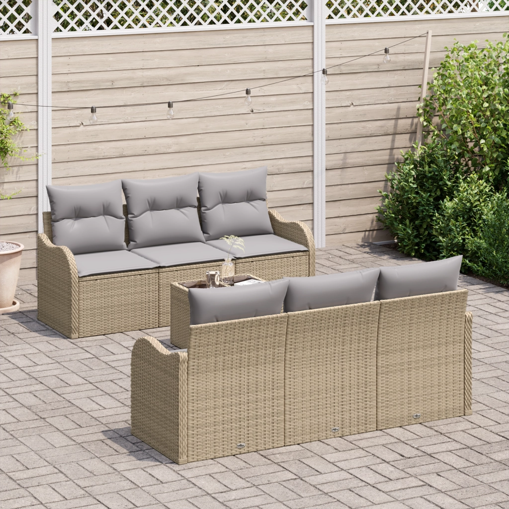 Set Divano da Giardino con Cuscini  7 Pezzi Rattan Poliestere Beige
