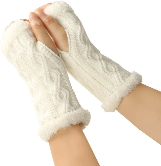 Manopole senza dita per donne, invernali, morbide, polsi, braccia calde, manopole con buchi per l'indice (bianche)